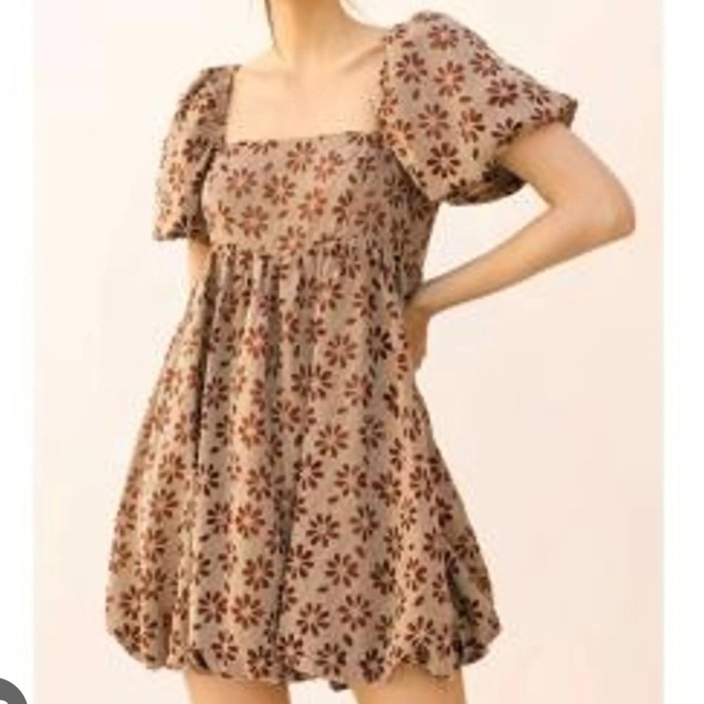 Storia Brown Gingham Floral Puff Sleeve Bubble Hem Mini Dress  Large